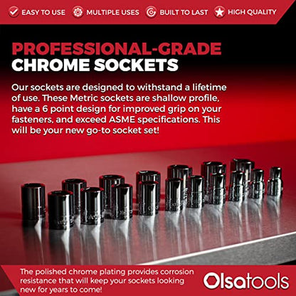 Olsa Tools Metric Shallow Socket Set - 1/2-Inch Drive, 18pc - 6-Point Chrome Sockets from 10mm–27mm and No Skipped Sizes - Mechanic Shallow Metric Socket Set - Professional Grade Sockets - Part: 1326 - color: Metric Shallow, size: 18pc, 1/2-Inch Drive