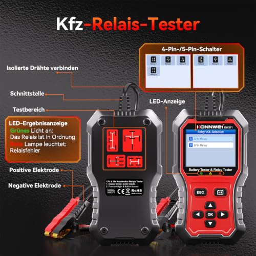 KONNWEI KW371 6V/12V/24V Battery Tester & 4/5Pin Relay Tester 2 in 1 | battery tester automotive with cranking & charging load test, 4/5-pin relay tester, CCA 10-2000, No batteries required. - size: 7.68*3.74*2.17 inch