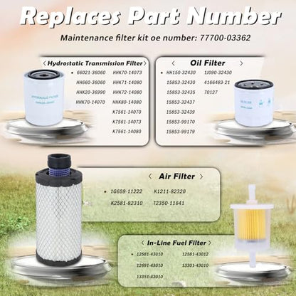 Maintenance Service Filter Kit 77700-03362 Compatible with Kubota BX22 BX23 BX24 BX25 BX2230 BX2350 BX2360 BX2370 Air Oil Fuel Filter Change Kit Replace# 12581-43012 HHK20-36990