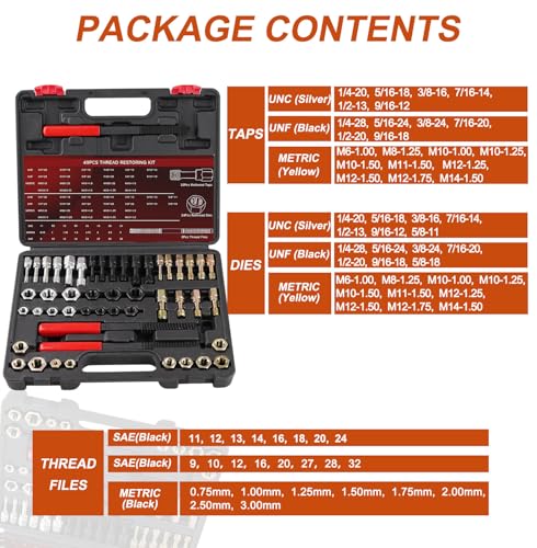 Marvelity 49PCS Thread Chaser and Repair Kit with 22 Taps, 24 Dies, 3 Files for UNC UNF Metric Bolts, Nuts and Screws