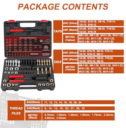 Marvelity 49PCS Thread Chaser and Repair Kit with 22 Taps, 24 Dies, 3 Files for UNC UNF Metric Bolts, Nuts and Screws
