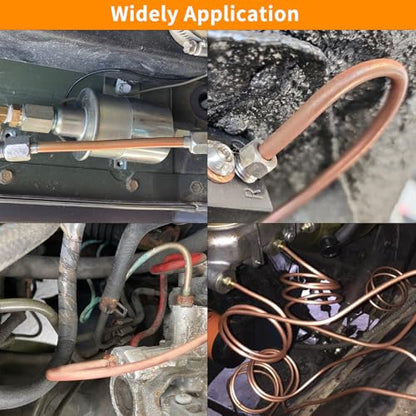 MuHize 25 ft 3/16" Copper Coated Brake Line Kit, Brake Line Flaring Tool | Includes 16 fittings and 4 unions fittings + double & single flaring tool kit + tube cutter + 5 adapters & tube bender - size: Gold Brake Line Tool Kit with Tube Cutter