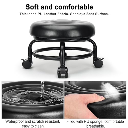 Low Height Rolling Stool Low Roller Stool PU Leather Comfortable Chair, Modern Low Rolling Stool for Home Office Garage Shop