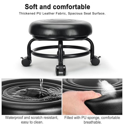 Low Height Rolling Stool Low Roller Stool PU Leather Comfortable Chair, Modern Low Rolling Stool for Home Office Garage Shop
