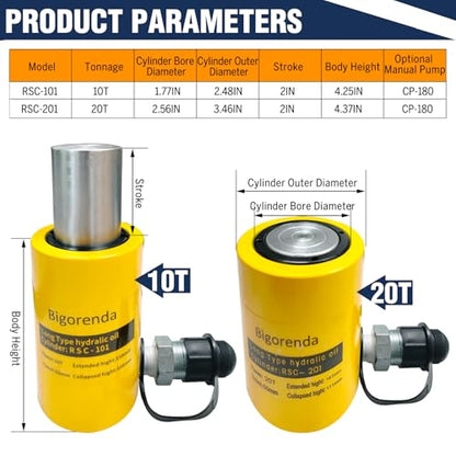 20T Hydraulic Cylinder Jack Sets Porta Power Ram Jack Kit,CP-180 Manual Hydraulic Hand Pump,2"Stroke,Single Acting Lifting Cylinder for Machinery Shipbuilding Short Distance Lifting Leveling - size: 20T，2"+CP180 PUMP