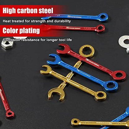 SPEEDWOX 10 Pcs Color Plated Open and Box End Mini Wrenches Color Coated Midget Wrench Set Mini Combination Wrench Set SAE with Portable Pouch and Large Ring（5/32-7/16"） - style: SAE