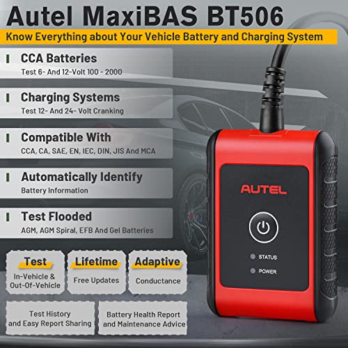 Autel MaxiBAS BT506 12V Battery Tester, 100-2000 CCA Digital Auto Battery Load Tester, Automotive Alternator Charging/Cranking System Analyzer for Car Truck Motorcycle ATV SUV Boat Yacht
