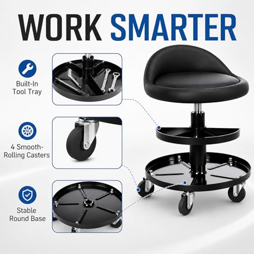 Sintuff Rolling Mechanic Stool, 16-21.6 in Adjustable Height Garage Stool with 2 Tier Tool Tray, 300 Lbs Capacity Padded Shop Seat with 360° Wheels, Black PU Leather Chair for Auto Repair and Workshop