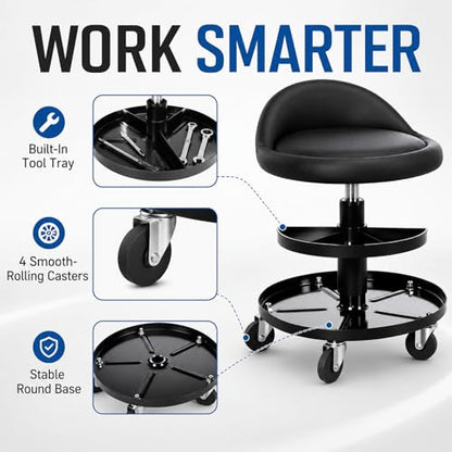 Sintuff Rolling Mechanic Stool, 16-21.6 in Adjustable Height Garage Stool with 2 Tier Tool Tray, 300 Lbs Capacity Padded Shop Seat with 360° Wheels, Black PU Leather Chair for Auto Repair and Workshop