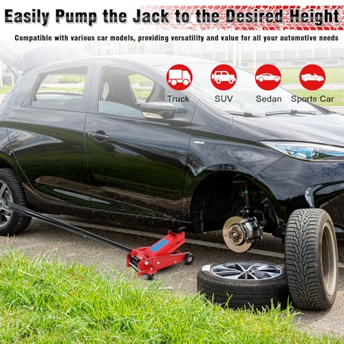 3 Ton Floor Jack (6600 lbs) - Heavy Duty Steel Low Profile Hydraulic Car Jack for Home Garage Use, Fast Lift Service Jack with Wheels, Lifting Range (Red - Large) - color: Red - Large