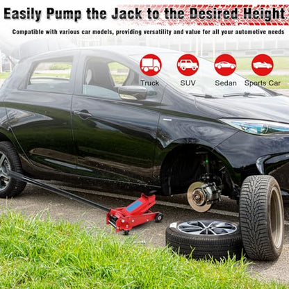 3 Ton Floor Jack (6600 lbs) - Heavy Duty Steel Low Profile Hydraulic Car Jack for Home Garage Use, Fast Lift Service Jack with Wheels, Lifting Range (Red - Large) - color: Red - Large