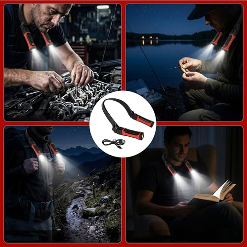 2Pcs Neck Light Detachable with Magnetic Base, Rechargeable LED Work Lamp, Hands Free Flexible Around Neck Mechanic Headlamp Flashlight with 2 Modes for Reading Repair, Gift for Men Women (Black Red)