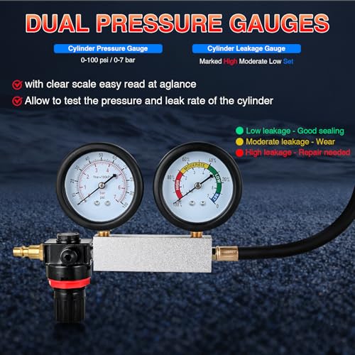 GOOACC Cylinder Leak Down Tester Kit - Dual Gauge Engine Diagnostics Tool for Gasoline Cars & Motorcycles - Detects Blown Head Gaskets & Valve Leaks with 10mm 12mm 14mm 18mm Adapters