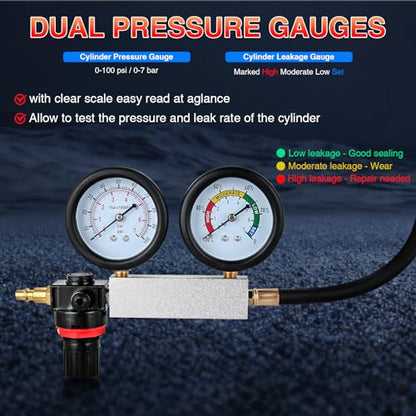 GOOACC Cylinder Leak Down Tester Kit - Dual Gauge Engine Diagnostics Tool for Gasoline Cars & Motorcycles - Detects Blown Head Gaskets & Valve Leaks with 10mm 12mm 14mm 18mm Adapters