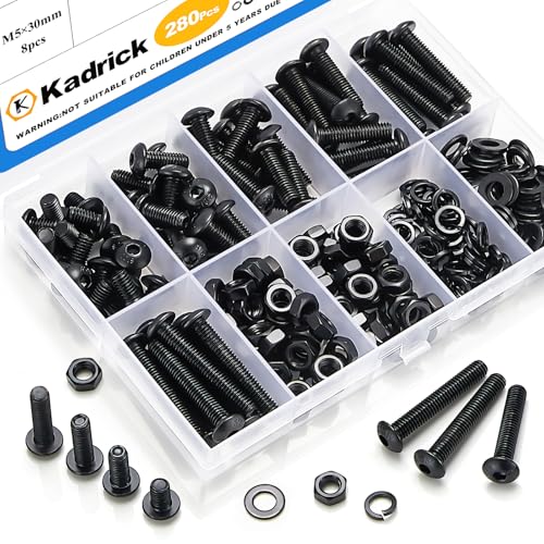 Kadrick M5 Screw Assortment, 280PCS M5 Screw Kit with Nuts Lock & Flat Washers, Grade 10.9 Alloy Steel Hex Socket Button Head Black Screws Nuts and Bolts Kit - size: M5 280Pcs 8-30mm