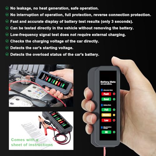 12V Car Battery Tester, Automotive Digital Battery Alternator Tester with LED Indication, Detector Checker to Test Battery Condition & Alternator Charging, Car Accessories