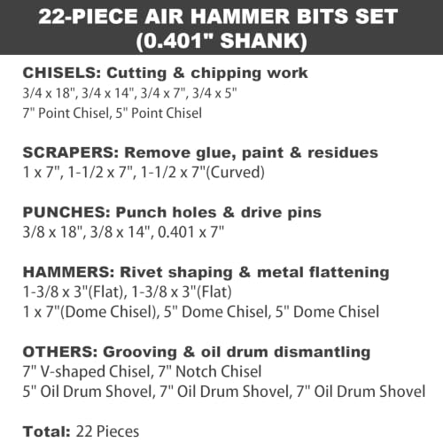 22 Pack Air Hammer Bits Attachments,0.401" Shank Chisel & Punch Bit Set,Cr-Mo Alloy Steel Punch (22 Pack Air Hammer Bits Set) - size: 22 Pack Air Hammer Chisel & Punch Bit Assortment