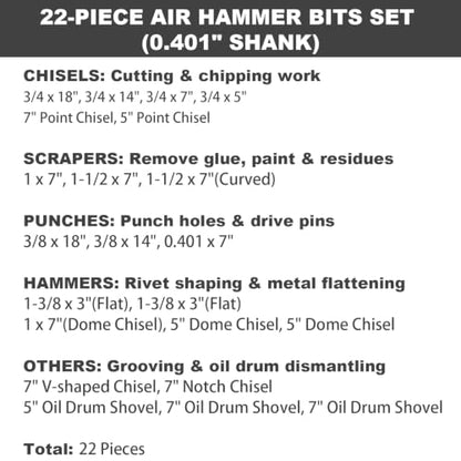 22 Pack Air Hammer Bits Attachments,0.401" Shank Chisel & Punch Bit Set,Cr-Mo Alloy Steel Punch (22 Pack Air Hammer Bits Set) - size: 22 Pack Air Hammer Chisel & Punch Bit Assortment