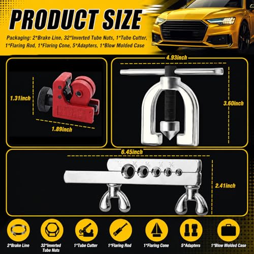 25Ft 1/4"& 3/16" Brake Line Kit,Heavy Duty Brake Line Flaring Tool Kit with 32 Inverted Fittings for Single/Double Flare,Brakes Lines Repair Kits for Cars/SUVs/Trucks