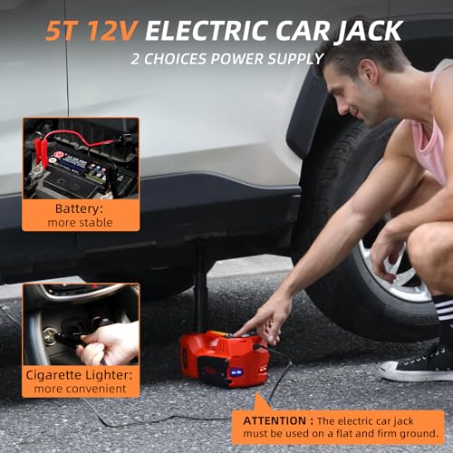 STANDTALL Electric Car Jack 5 Ton 12V Floor Jack, Impact Wrench, Inflator | Fits Sedan SUV Truck, Lift Range 5.9-17.7in, 350 N·m Impact Wrench, 35L/min Pump, 150 PSI Gauge, Headlight - color: Red Jack+Portable Wrench