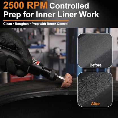 Low Speed Air Tire Buffer Kit, 2500 RPM Tire Patch Repair Tools | Tungsten Buffing Heads, Patch Roller, Inner Liner Scraper, Wire Brush, Hose & Fittings