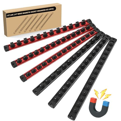 GOOACC Magnetic Socket Organizer 1/4" 3/8" 1/2" Socket Holder Set with 80 360° Swivel Clips Heavy Duty Aluminum Socket Rail Organizer for Tool Box Drawer, 6 Pieces Magnetic Drive Socket Rails Holders - size: Rail Magnetic 6PC 1/4"3/8"1/2" Red Black