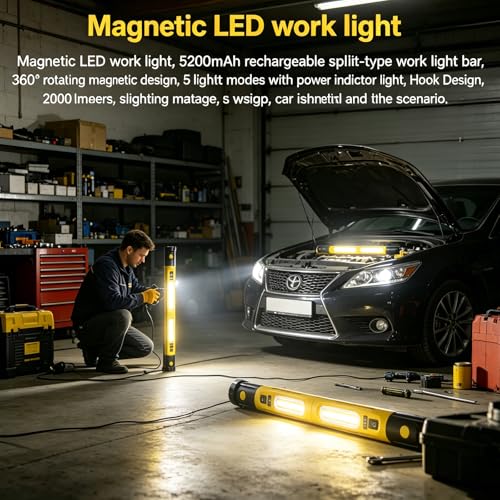Magnetic LED Work Light 5200mAh Underhood Repair Split Portable Light | charge mobile phone,360° Rotatable , 5 Lighting Modes , Hook Design, 3000LM Work Light for Garage, Workshop, Car Inspection