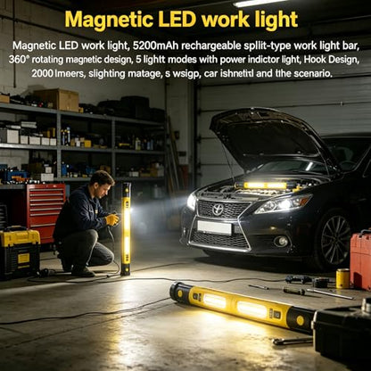 Magnetic LED Work Light 5200mAh Underhood Repair Split Portable Light | charge mobile phone,360° Rotatable , 5 Lighting Modes , Hook Design, 3000LM Work Light for Garage, Workshop, Car Inspection