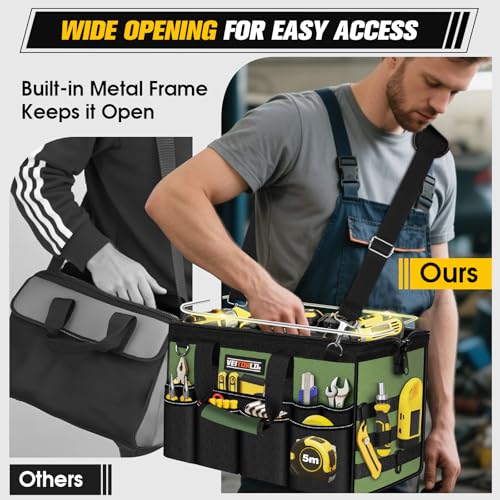 18-Inch Heavy Duty Tool Bag, 19-Pockets Tool Box Organizer, Portable Toolbag W/Soft Handle for Organized Storage, Mechanic Gifts for Men Dad Husband Fathers Day, Wide Mouth Electrician Toolbox, Green - style: 18Inch Handle-Green