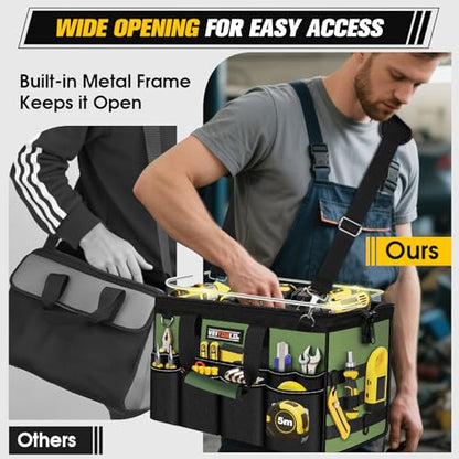 18-Inch Heavy Duty Tool Bag, 19-Pockets Tool Box Organizer, Portable Toolbag W/Soft Handle for Organized Storage, Mechanic Gifts for Men Dad Husband Fathers Day, Wide Mouth Electrician Toolbox, Green - style: 18Inch Handle-Green