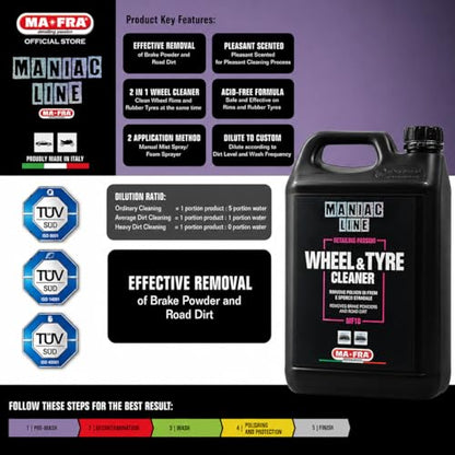 MANIAC LINE MAFRA Wheel and Tyre Cleaner | Two in One for Rims and Tires | Removes Brake Dust and Road Grime | Safe on Alloy Painted and Clear Coated Wheels | Even Wetting | 5 Liters - size: 152.2 Fl Oz (Pack of 1)