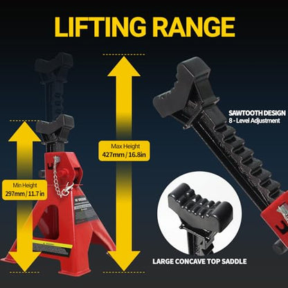 3 Ton Jack Stands, 1 Pair Heavy Duty Steel Car Jack Stands with Double Locking Pins, Adjustable Height for Cars, SUVs, Sedans and Vehicle Repair Maintenance(Red)
