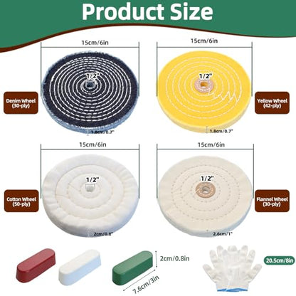 8Pcs 6 Inch Polishing Buffing Wheel Kit for Bench Grinder | 1/2" Arbor Hole Buffing Wheels with 3 Polishing Compound and Gloves for Metal,Stainless Steel,Jewelry,Wood,Glass,Ceramic ect - size: 6 Inch