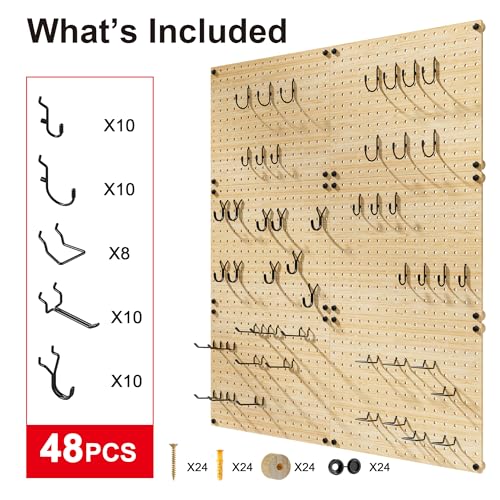 VOIMO Bamboo Pegboard Organizer Set, 6 Panels (16"x12") | 48 Hooks, Eco-Friendly Wall Mounted Storage Rack for Tools, Crafts & Office – Natural Bamboo Pegboard with Accessories - size: 16'' X 12'' (6 Panels)