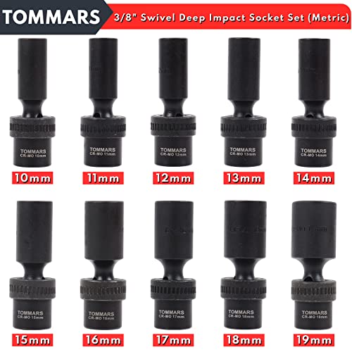TOMMARS 3/8" Drive Universal Swivel Impact Socket Set Deep, 6 Point Wobble Flexible Socket Set Metric 10-19 mm CR-MO Steel | Deep 6 Point, Wobble Flexible, Metric, CR-MO Steel