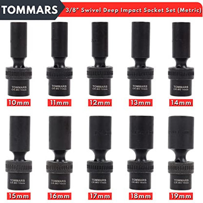 TOMMARS 3/8" Drive Universal Swivel Impact Socket Set Deep, 6 Point Wobble Flexible Socket Set Metric 10-19 mm CR-MO Steel | Deep 6 Point, Wobble Flexible, Metric, CR-MO Steel