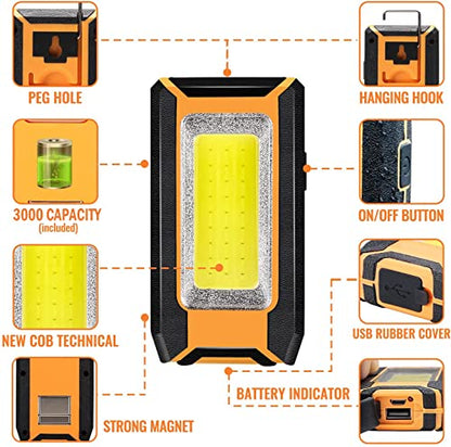 Favorlite 2-Pack Rechargeable LED Work Light, 1600LM Magnetic Portable | Phone Charging, 12-Hr Battery, Waterproof, Car Repair, Camping, Garage & Emergency Use