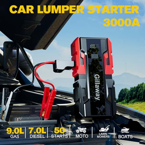 001B 3000A Car Jump Starter Battery Pack (Up to 9.0L Gas and 7.0L Diesel Engine), 12V Car Charger Jump Starter Portable Battery Jump Starter with Power Bank - color: red