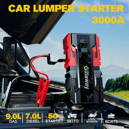 001B 3000A Car Jump Starter Battery Pack (Up to 9.0L Gas and 7.0L Diesel Engine), 12V Car Charger Jump Starter Portable Battery Jump Starter with Power Bank - color: red