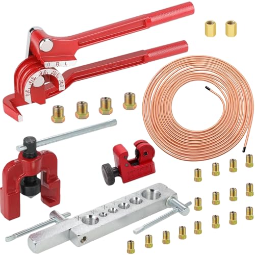 3/16 Inch 26Pcs Brake Line Bender Flaring Tool Include 25FT Zinc-Plated Copper Coated Brake Bending Lines and Single Flare Cutter Repair Kit 16 Rust-Resistant Fitting 4 Nut 2 Union, Gold - color: Gold