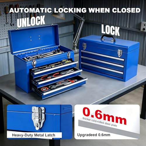TCE 3 Drawer 20.5" Portable Metal Tool Box: Ball-Bearing Slides and 2 Metal Latches for Secure Closure in Garage, Home or Workbench, Blue - size: 20.5 inch