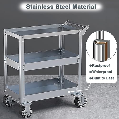 3-Tier 14 Gauge Stainless Steel Utility Cart, 1100 lbs Heavy Duty Service Cart with Wheels, Rolling Tool Cart on Wheels for Mechanic, Garage, Workshop, Warehouse, 15.75" D x 30.7" W x 36.2" H