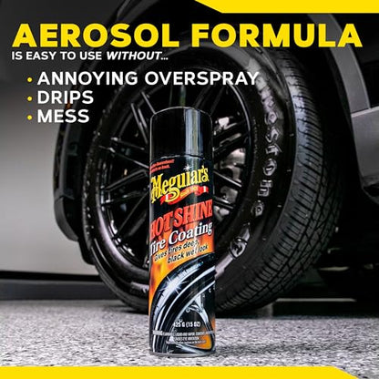 Meguiar's Hot Shine High Gloss Tire Coating - Get Long-Lasting Tire Protection and Glossy Tires with a Wet Look Shine, 3 Pack of 15 Oz Aerosol Cans