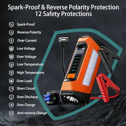 1500A Jump Starter with Air Compressor, 10000mAh Portable Car Battery Jump Starter with 180 PSI Tire Inflator, 12V Jump Box Charger with Flashlight LED Warning Light
