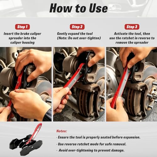 360° Ratcheting Brake Caliper Press Tool with 2 Steel Plates, 2 Hooks & Work Gloves, Universal Piston Spreader for Car Truck Disc Brake Repair