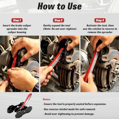360° Ratcheting Brake Caliper Press Tool with 2 Steel Plates, 2 Hooks & Work Gloves, Universal Piston Spreader for Car Truck Disc Brake Repair