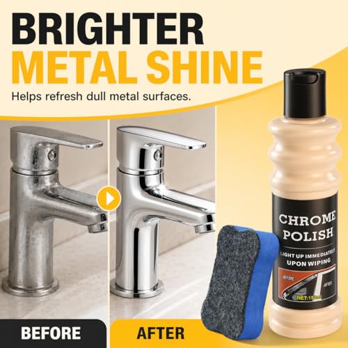 Chrome Polish & Metal Cleaner, 5.07 Fl Oz Metal Shine Restorer for Car Wheels, Rims, Exhaust Tips, Chrome Trim, Stainless Steel, Brass, Copper, Aluminum, Silver, Includes Sponge