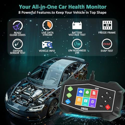 OBD2 Scanner with 2.8" Display, Auto Diagnostic Tool for Battery Test | Carbon Deposit Detection, Live Data Graphing, Mode 6/8, I/M Readiness, Performance Test, 40,000+ DTC Lookup for Gas Vehicles
