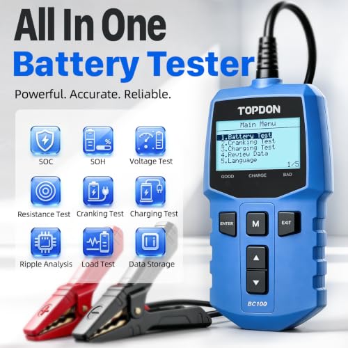 TOPDON BC100 Car Battery Tester 12V Automotive Battery Analyzer for Technicians & DIYers, 100-2000 CCA Digital Battery Load Tester, Fits Car, Truck, Motorcycle, ATV, SUV, Boat, Yacht, Golf Cart