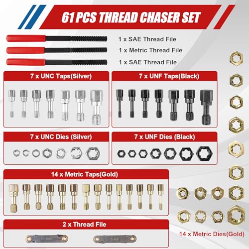 61Pcs Thread Repair Kit, UNC, UNF & Metric Thread Chaser Set, Rethread Repair Tool with Taps Dies Thread Files and Thread Pitch Gauge for Repair or Reshape Damaged Threads Bolts, Nuts and Screws
